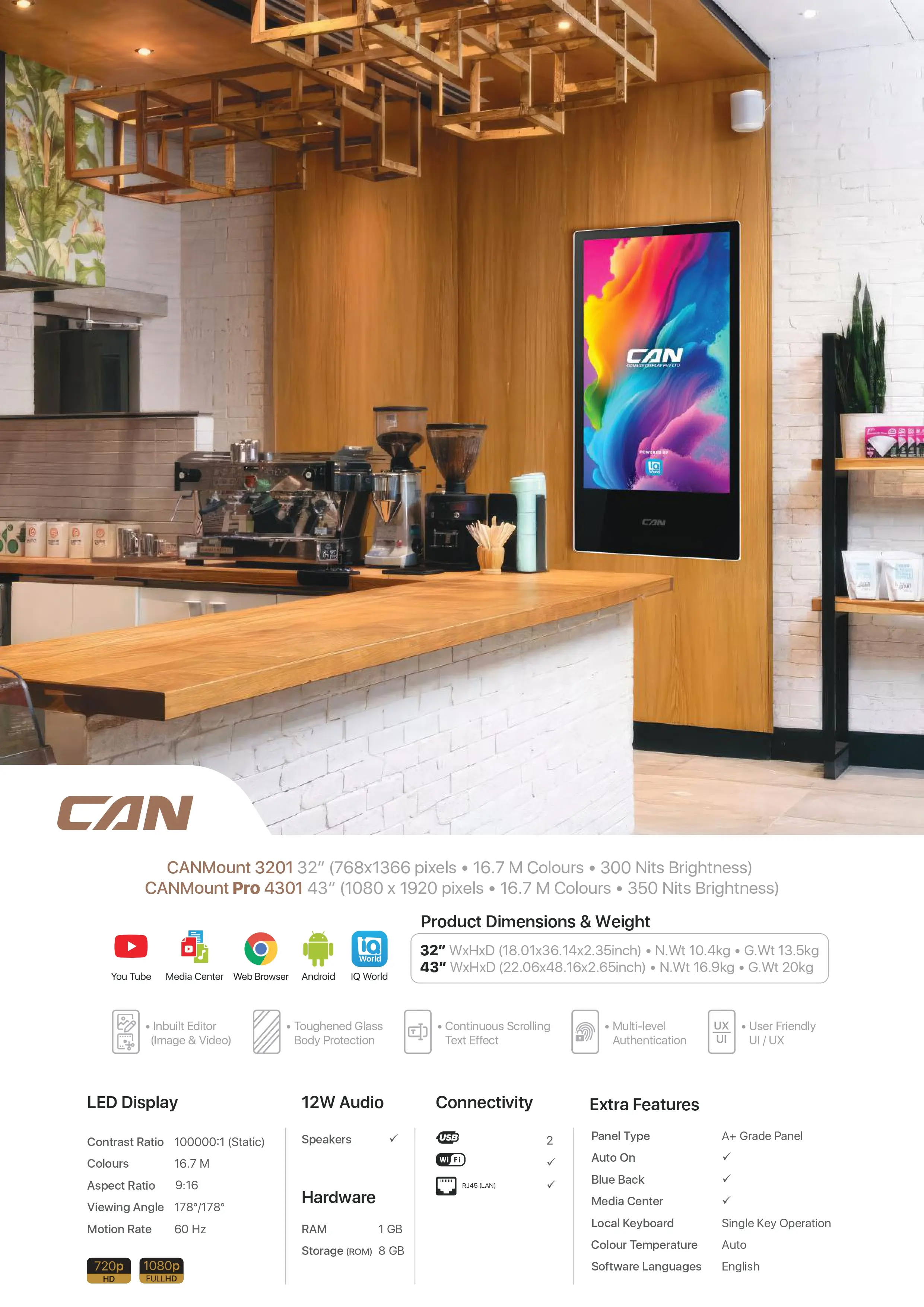 CANMount 32” Wall-Mounted LED Digital Signage Display with Inbuilt Editor, Toughened Glass, 12W Audio