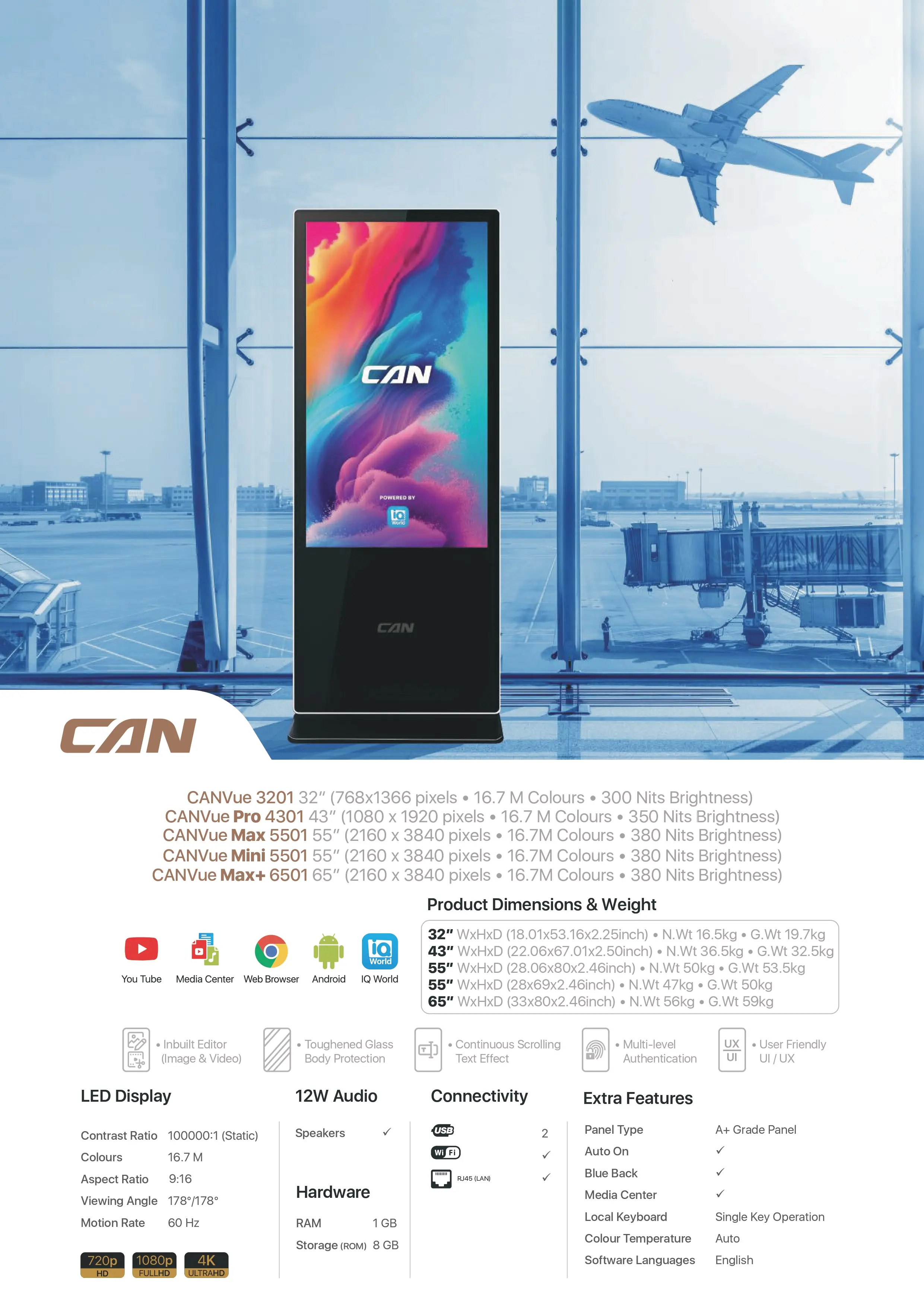 CANVue Series Commercial LED Digital Signage Displays 32" – Vertical Wall-Mount with Inbuilt Editor & Toughened Glass
