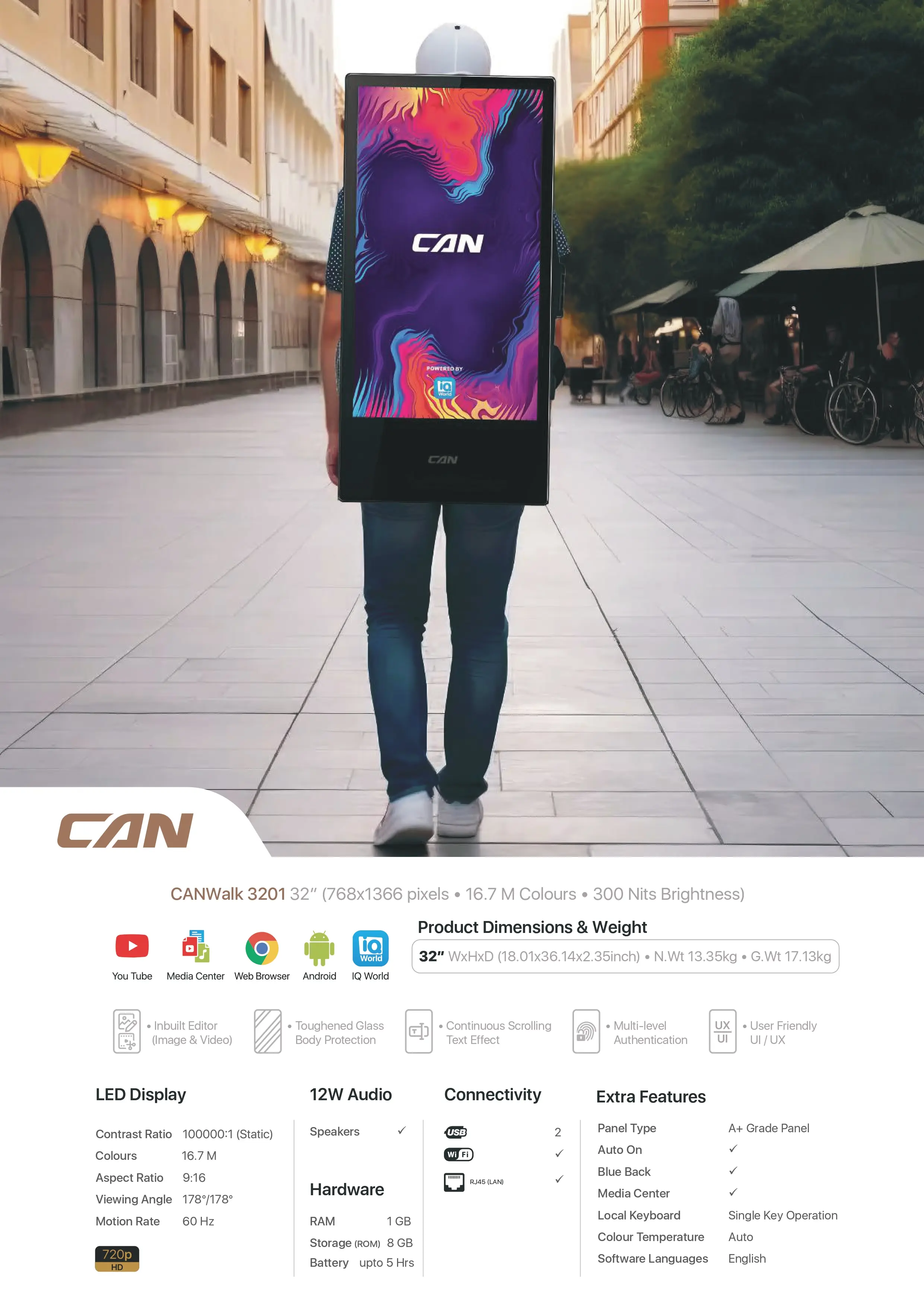LED Display - CANWalk 3201 – 32” Portable Digital Signage Display with Built-in Editor, Toughened Glass, 12W Speakers & 5-Hour Battery Backup
