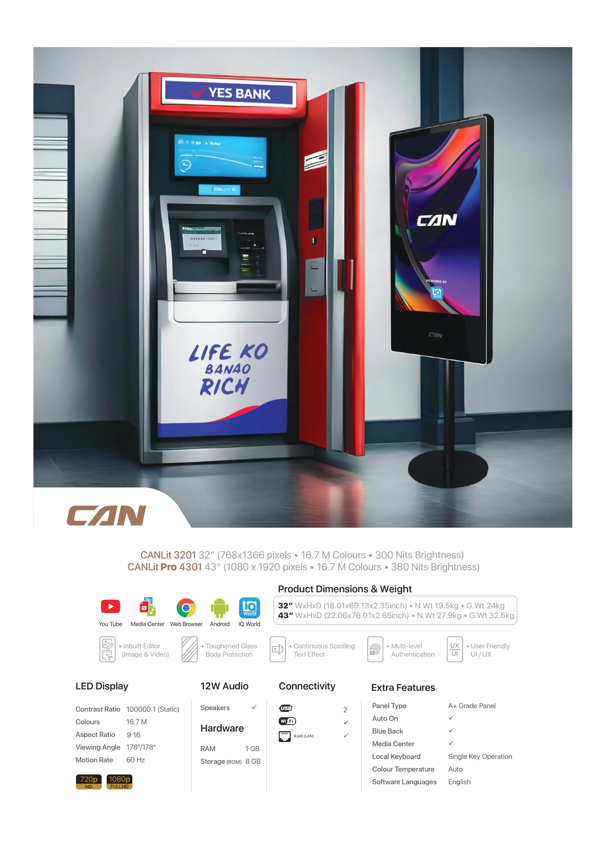 LED Display - CANLit Pro 4301 – 43” LED Digital Signage Displays with Toughened Glass & Built-in Media Editor