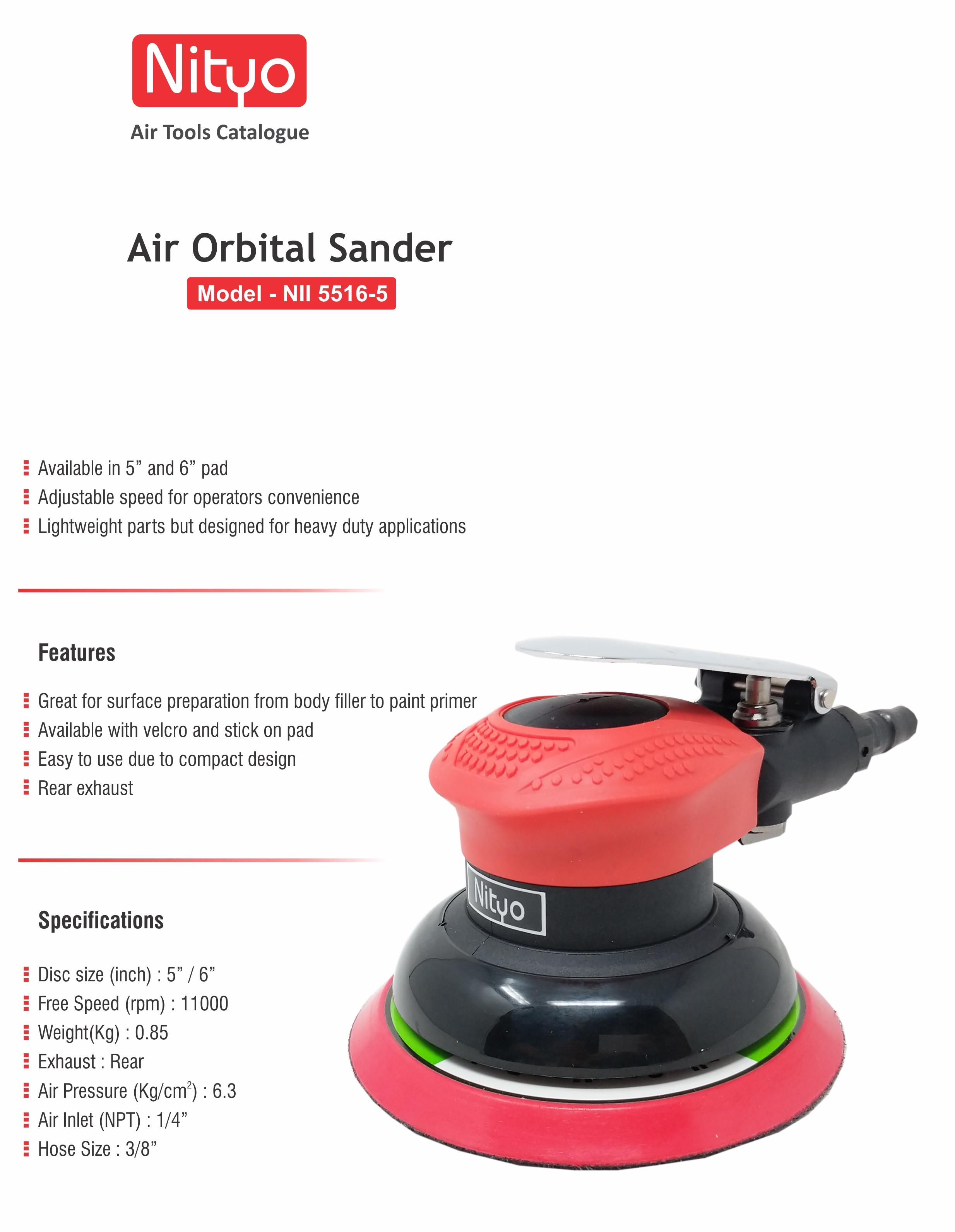Nityo NI 5516-5 Air Orbital Sander – 5"/6" Pad, 11,000 RPM, Rear Exhaust, Adjustable Speed